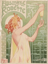 1800s 1896 1girls absinthe advertisement art_nouveau ass breasts drapery_(clothing) female female_only fine_art full_body georges_privat_livemont goddess public_domain red_hair retro see-through sheer sheer_clothing small_breasts solo straight_hair