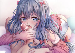 1boy ass blue_eyes blush bow breasts censored eromanga_sensei fellatio female hairbow highres imo_bouya izumi_sagiri long_hair looking_at_viewer nose_blush open_mouth oral panties penis pink_bow pointless_censoring pov precum silver_hair small_breasts solo_focus underwear white_panties