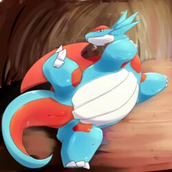 ambiguous_gender animal_genitalia cavern cloaca feral inside looking_at_viewer lying nintendo on_side overweight pokemon pose presenting presenting_cloaca raised_leg salamence scalie solo video_games ばなニウム5