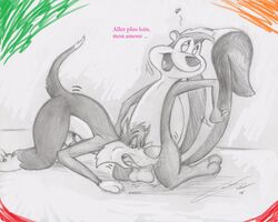 2012 anthro balls duo feline fellatio french_text furry gruine heart interspecies looney_tunes male mammal monochrome oral penis pepe_le_pew sex simple_background sketch skunk smooth_fur sylvester text tongue traditional_media_(artwork) warner_brothers white_background yaoi