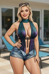1girls ai_generated blonde_hair blurry_background cel_shading denim_shorts eyelashes female grey_eyes grok hand_on_hip hand_on_thigh hourglass_figure inner_sideboob large_breasts light-skinned_female lipstick long_hair looking_at_viewer loose_hair lounge_chair milf neck_wraps realistic rgomez007 seductive_look self_upload shorts sideboob smiling_at_viewer solo_female standing summer_uniform sunglasses_on_head teeth_showing thick_lips thick_outline thick_thighs unbuttoned_shorts warm_lighting