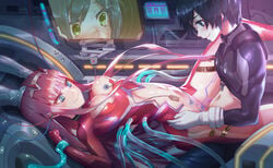 1boy 2girls black_hair blush bondage bound breasts canon_couple clothed_sex cuckquean darling_in_the_franxx female femsub highres hiro_(darling_in_the_franxx) horns ichigo_(darling_in_the_franxx) kvpk5428 multiple_girls nipple_piercing nipples piercing pink_hair restrained reverse_netorare sex sex_machine stationary_restraints straight zero_two_(darling_in_the_franxx)