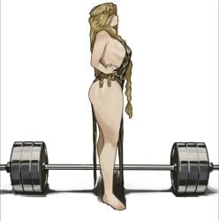 1girls blonde_hair elden_ring humor miaojiangyou naoya_hair_flip pussy_grip queen_marika_the_eternal skimpy_clothes skimpy_dress sound_effects tagme video weightlifting