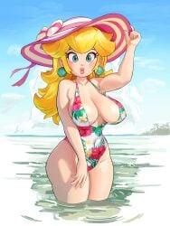 beach big_lips blonde_hair blue_eyes blush blushing breasts cleavage cleavage_cutout earrings flower_pattern hat in_water large_breasts long_hair mario_(series) mineru128127 nintendo one_piece_swimsuit posing princess_peach solo solo_female solo_focus sun_hat
