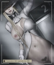 blonde_hair blush bottomless breasts censored female gloves inverted_nipples limgae long_hair navel nier nier:_automata one_breast_out parted_lips pubic_hair solo white_gloves yorha_commander