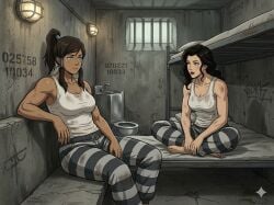 2d 2d_(artwork) 2d_artwork 2girls ai ai-created ai_art ai_edit ai_generated asami_sato avatar_legends bars bed big_boobs big_breasts black_and_white_stripes black_hair blue_eyes boobs breasts brown_hair bunk_bed cell cellmates chest dirty_clothing edit edited female female_focus female_only feminine_body gemini green_eyes imprisoned imprisonment incarceration indoors inmate inmates inmates_clothing jail jail_cell korra lamp large_breasts long_hair looking_at_viewer muscular muscular_female no_sex no_sex_(yet) pants pigtails pillow ponytail prison prison_cell prison_clothes prison_uniform prisoner sitting sitting_on_bed smile smiling smiling_at_partner smiling_at_viewer steel_toilet sweat sweatdrop sweating sweatpants sweaty sweaty_body sweaty_breasts sweaty_clothes tan tan_body tan_skin tank_top the_legend_of_korra toilet topwear uniform weird weird_background white_body white_skin white_tank_top white_topwear wide_hips