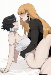 1futa 1girl ambiguous_penetration bed black_nails black_sweater blonde_hair blue_eyes blue_nails blush blushing choker earrings futanari hands_on_waist holding_partner huff large_breasts large_thighs luna_snow magik_(illyana_rasputin) masoq095 sex smile smirk smirking_at_partner strap_slip thick thick_thighs white_tank_top