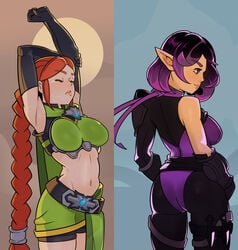 2d 2girls ass black_hair braid braided_ponytail breasts cassie_(paladins) closed_eyes elf female human midriff paladins pointy_ears purple_eyes purple_hair red_hair skye_(paladins) solo splashbrush stretching tagme timber_cassie twilight_skye two_tone_hair very_long_hair