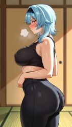 ai_generated ass athletic_female blush breasts bubble_butt crop_top curvy_figure eula_(genshin_impact) genshin_impact gym_uniform hoyoverse huge_ass huge_breasts indoors leggings looking_at_viewer mature_female side_view smell sports_bra sports_uniform thick_thighs wide_hips