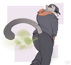 jadeder kitty_kat_(the_bad_guys) the_bad_guys dreamworks anthro female furry cap hat headwear hood jacket pants clothed clothing green_eyes green_fart tail snow_leopard feline smile fart gas fart_cloud