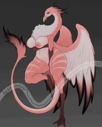 3_toes absurd_res accessory anthro arm_under_breasts avian big_breasts bird black_body black_fur black_lipstick bodypaint breasts chest_tuft fan_character feathered_wings feathers feet female flamingo fur furgonomics genitals gryphon hand_on_crotch head_tuft hi_res jewelry khemmmis lipstick long_beak long_neck long_tail looking_at_viewer makeup markings membrane_(anatomy) mythological_avian mythological_creature mythology navel nipples non-mammal_breasts non-mammal_navel non-mammal_nipples nude nude_anthro nude_female one_foot_up pink_body pink_eyes pink_feathers pink_fur pink_markings pupils slightly_chubby slightly_chubby_anthro slightly_chubby_female slit_pupils smile solo standing story story_in_description striped_markings stripes tail tail_accessory tail_jewelry tail_tuft thick_thighs toes tuft vulva webbed_feet white_body white_feathers white_stripes wide_hips wing_jewelry wings