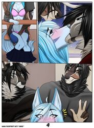 2016 amur angel_(copperback01) anthro antlers aqua_hair blue_eyes blue_fur blue_hair blush breasts canine cervine clothed clothing comic deer embarrassed everett_(copperback01) female fur group hair horn husky kaleb_(copperback01) kissing male mammal masturbation neck_tuft panties partially_clothed pussy_juice pussy_juice_string rubbing_pussy school straight tuft underwear undressing wet_pussy wolf yellow_eyes