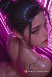 panam_palmer cyberpunk_2077 cyberpunk_(series) hairbun sidelocks implants arched_back doggy_style against_wall neon_lights wet wet_body glossy shiny_skin puffy_lips black_hair booty slim_waist solo ai_generated