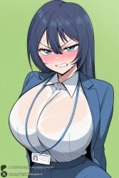 copyright:shachou_to_sake_to_hoshi character:izutsu_reina 1girl breasts blue_eyes blush solo id_card office_lady green_background long_hair shirt blue_hair bra_visible_through_clothes lanyard huge_breasts teeth clenched_teeth skirt looking_at_viewer see-through jacket arms_behind_back angry white_shirt blue_jacket simple_background sweat collared_shirt wet unjobdespiert ai_generated 1female curvy huge_ass big_breasts big_ass 1girls 2026 artist_name watermark hi_res highres high_quality high_resolution patreon_username patreon