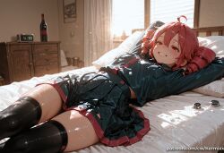 kasane_teto vocaloid ai_generated kermixx 1girl solo breasts looking_at_viewer blush smile bangs skirt shirt red_eyes thighhighs long_sleeves hair_between_eyes jacket ahoge thighs red_hair pleated_skirt lying teeth shiny black_thighhighs indoors miniskirt on_back black_skirt grin arms_up zettai_ryouiki black_jacket pillow torn_clothes window bed skindentation buttons bed_sheet on_bed drill_hair half-closed_eyes sunlight bottle curtains arms_behind_head twin_drills light_particles pocket clock breast_pocket torn_thighhighs
