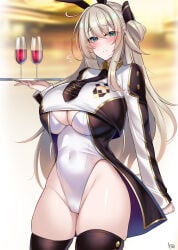 1girls :) alternate_version_available blonde_hair blush boobs bunny_ears bunnysuit closed_mouth curvy cute duel_monster exposed_thighs female female_only fringe green_eyes hi_res hips huge_breasts human jacket konami ktn_kuta legwear leotard light_skin long_hair looking_at_viewer necklace no_text_version open_mouth pose sky_striker_ace_raye slave slave_girl smile standing sweatdrop thighs tie uniform wine yu-gi-oh!