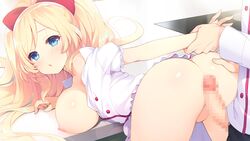 1boy anata_ni_koi_suru_ren'ai_recette arm_held_back ass ass_grab bare_shoulders bent_over blonde_hair blue_eyes blush bow breasts buttons censored female fummy game_cg hairbow imminent_sex large_breasts long_hair looking_back mosaic_censoring nipples off_shoulder oozono_yuzuki open_clothes open_mouth open_shirt penis puffy_sleeves shirt two_side_up unbuttoned