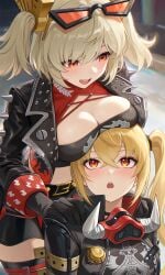 2girls big breasts bigger female blonde hair blonde-haired blush height difference large boobs larger light skin light-skinned shorter size smaller yuri luciana_de_montefio burnice_white ai_generated zenless_zone_zero