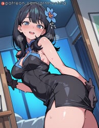 1girl gloves dress takarada_rikka black_hair solo hair_ornament blue_eyes breasts flower hair_flower black_dress black_gloves blush looking_at_viewer sweat open_mouth smile long_hair bangs thighs medium_breasts indoors bare_shoulders short_dress cleavage chinese_clothes sleeveless_dress china_dress ass sleeveless side_slit moon window covered_navel teeth artmochiia ai_generated gridman_universe ssss.gridman voluptuous voluptuous_female anime fanart curvaceous curvaceous_female curvaceous_figure curvy curvy_figure female female_focus uncensored
