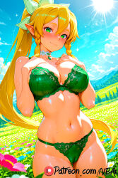 ai_generated anime anime_style big_breasts bikini black_bunny_suit black_leotard blush bowtie breasts bunny_ears bunny_girl choker cleavage detached_collar fake_animal_ears female gloves green_eyes huge_breasts long_hair looking_at_viewer nipples palm_tree poolside short_hair smile solo strapless strapless_leotard sweat thighhighs wet white_gloves nbai_art leafa sowrd_art_online sword_art_online:_alicization sword_art_online