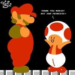 2boys black_background brown_hair english_text eyeless_male hat height_difference limited_palette male male_focus male_only mario mario_(series) mob_face mustache orange_skin overalls pants short_hair simple_background super_mario_bros. text toad_(mario) toni_oni vest