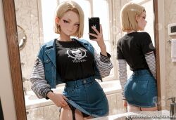android_18 dragon_ball ai_generated kermixx dragon_ball_super dragon_ball_z 1girl solo breasts looking_at_viewer blush smile short_hair blue_eyes skirt blonde_hair shirt thighhighs long_sleeves holding jewelry closed_mouth underwear panties jacket ass earrings striped indoors clothes_lift from_behind black_panties black_shirt watermark garter_straps phone skirt_lift cellphone denim lifted_by_self smartphone reflection holding_phone high-waist_skirt patreon_username mirror selfie bathroom sink denim_skirt striped_sleeves denim_jacket