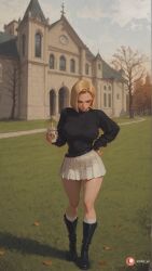 hi_res dragon_ball_z tree thick_thighs sky dragon_ball_super big_ass wide_hips ai_generated solo ass android_18 blonde_hair blush black_footwear big_boobs female butt big_butt skirt hand_on_hip large_breasts pleated_skirt 1girl boots rating:safe aisinful medium_breasts closed_eyes breasts outdoors dragon_ball