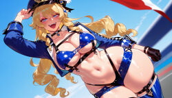 1girl clothing female navia_(genshin_impact) blonde_hair blue_eyes breasts choker navel solo black_choker large_breasts shorts single_glove thighs black_gloves highleg looking_at_viewer open_mouth swimsuit bikini cropped_jacket long_hair blue_bikini gloves hat micro_shorts stomach blue_jacket blue_headwear jacket headwear smile drill_hair cleavage legwear long_sleeves blue_shorts blue_sky highleg_bikini thick_thighs race_queen chest_harness collarbone sidelocks drill_sidelocks peaked_cap sky dutch_angle thighhighs open_clothes open_jacket alternate_costume short_shorts blue_thighhighs boots flag thigh_boots alternate_breast_size thigh_strap mismatched_bikini underboob wide_hips side_drill arm_up day :d hand_on_headwear harness outdoors teeth black_bikini blush upper_teeth_only adjusting_headwear underbust cowboy_shot skindentation 1girls ai_generated voluptuous_female voluptuous curvaceous curvaceous_figure curvaceous_female curvy curvy_figure female_focus balecxi genshin_impact mihoyo hoyoverse inviting inviting_to_sex seductive seductive_look seductive_smile presenting presenting_hindquarters presenting_ass presenting_self presenting_breasts presenting_pussy