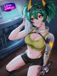 anime anime_style breasts clothed clothing cosmic_cocktails dirty dirty_clothing erect_nipples erect_nipples_under_clothes female female_focus female_only green_hair holding_object looking_at_viewer mechanical mechanical_arm middle_breast original original_character pigtails sci-fi seductive seductive_look seductive_smile shorts smiling_at_viewer spanner tagme topwear video_game_character video_games yellow_eyes