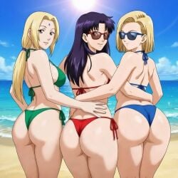 ai ai_art ai_generated android_18 beach big_ass big_butt bikini collaboration crossover dragon_ball dragon_ball_z misato_katsuragi naruto naruto_(series) neon_genesis_evangelion round_ass round_butt sun sunglasses tinted_eyewear tsunade water
