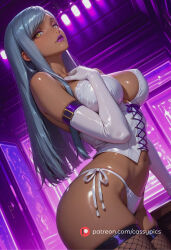 ai_generated villetta_nu code_geass dark_skin puffy_lips yellow_eyes purple_hair corset nipple_bulge cleavage large_breasts boobs latex_clothing latex_armwear bikini_bottom fishnets fishnet_stockings slim_waist round_ass wide_hips thick_thighs arched_back bending_over looking_at_viewer