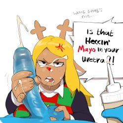 absurd_res angry anthro antlers balls balls_grab blonde_hair bodily_fluids breasts clothed clothing condiment conditional_dnp container cum cumming cumshot deer deltarune deltarune_chapter_2 dialogue digital_drawing_(artwork) digital_media_(artwork) duo english_text erection female food food_fetish food_insertion food_play foreskin freckles genitals hair handjob hi_res horn human humanoid_genitalia humanoid_penis improvised_sex_toy kinkykong kris_(dark_world_form) kris_(deltarune) kris_dreemurr mammal mayonnaise new_world_deer noelle_holiday nonbinary nonbinary_(lore) open_mouth penile penis pov prank reindeer sauce sex simple_background squeeze_bottle text undertale_(series) urethra urethral
