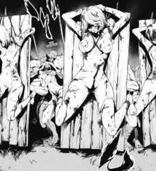 3girls blood female goblin goblin_male goblin_slayer male meat_shield nude shield tagme