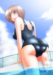 oga_haruhi female_only female takano_miyuki short_hair brown_hair brown_eyes solop looking_back swimsuit one-piece_swimsuit school_swimsuit pool sideboob ass_focus ass smile blush feet soles barefoot wet wet_skin wet_body big_ass tetsudou_musume