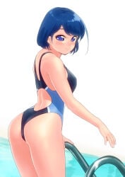 ass ass_focus big_ass blue_eyes blue_hair blush female female_only kuroganehompo looking_at_viewer looking_back one-piece_swimsuit otawa_nairo pool short_hair small_breasts smile solo swimsuit tetsudou_musume thick_thighs