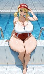 fairy_tail lucy_heartfilia puffyboi30 ai_generated 1girls big_breasts blonde_hair brown_eyes cleavage curvaceous curvy_female cap eyes female female_only hourglass_figure large_breasts light_skin light-skinned_female looking_at_viewer indoors exposed_thighs lifeguard pigtails sitting tank_top thick thick_thighs voluptuous voluptuous_female wide_hips water whistle_around_neck visor_cap visor