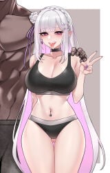 1boy 1girl absurdres ass_visible_through_thighs black_choker black_panties black_sports_bra blacked_female blush braid breasts choker cleavage collarbone colored_inner_hair crown_braid dark-skinned_male dark_skin dogs_(dlrkdejr26) earrings emilia_(re:zero) fingernails flower grey_background hair_flower hair_ornament hair_ribbon hairclip hand_on_another's_shoulder head_out_of_frame heart heart_in_eye hetero highres interracial jewelry large_breasts large_variant_set long_hair looking_at_viewer multicolored_hair nail_polish navel navel_piercing open_mouth panties piercing pink_eyes pink_hair pointy_ears purple_nails purple_ribbon race_fetishism re:zero_kara_hajimeru_isekai_seikatsu ribbon rose smile spade_(shape) spade_piercing sports_bra stomach sweatdrop symbol_in_eye teeth tongue tongue_out tongue_piercing two-tone_hair underwear upper_teeth_only v variant_set very_long_hair white_background white_flower white_hair white_rose