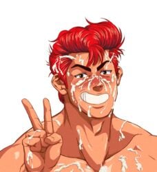 1boy 5_fingers after_sex aizenhower bara blush brown_hair cum cum_in_hair cum_on_body cum_on_chest cum_on_face cum_on_hand cum_on_shoulder facial gay gesture hanamichi_sakuragi happy human male male_only red_hair slam_dunk smile solo teeth v white_background yaoi