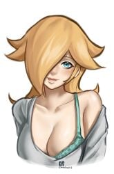 1girls absurdres any_emu_7725 artist_name big_breasts blue_bra blue_eyes bra breasts cleavage closed_mouth collarbone commentary cropped_torso english_commentary hair_over_one_eye highres large_breasts light-skinned_female long_hair looking_at_viewer mario_(series) nintendo princess_rosalina rosalina shirt single_bare_shoulder single_off_shoulder smile solo solo_female solo_focus twitter_username underwear upper_body white_background white_shirt