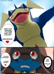 animal_genitalia armpits blush colored comic dialogue erection feral furry greninja highres imminent_rape kivwolf lucario male nintendo open_mouth penis pokemon pokemon_(species) redoxx semi-anthro sweat tongue yaoi