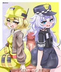 1boy 2girls :3 artist_name ass black_skirt blonde_hair blue_eyes blush bodysuit bratty breasts brown_jacket bulletproof_vest buttjob buttjob_over_clothes checkered_clothes checkered_hat clothed_female_nude_male commander_(nikke) commission cooperative_buttjob covered_navel ecchitrail fang ffm_threesome from_side goddess_of_victory:_nikke gradient_background hair_between_eyes hair_bobbles hard_hat hat helmet huge_ass huge_penis jacket liter_(nikke) long_hair long_sleeves looking_at_viewer messy_hair mesugaki motion_lines multiple_girls navel open_clothes open_jacket open_mouth peaked_cap pencil_skirt penis poli_(nikke) police_badge police_hat police_uniform policewoman precum purple_hair short_hair short_sleeves shoulder_armor simple_background single_hair_intake sitting sitting_on_person skin_tight skirt small_breasts smirk smug steam teasing thick_eyebrows thigh_strap threesome uncensored very_long_hair walkie-talkie white_border yellow_background yellow_bodysuit yellow_eyes yellow_helmet