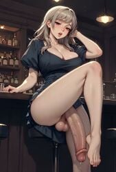 ai_generated animated bar big_breasts big_penis breasts dangling_penis dress futanari grabbing_breasts huge_cock large_penis leg_up precum shorter_than_10_seconds sitting tagme testicles vertical_video video
