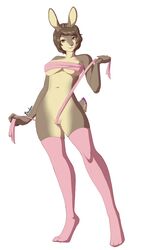 3_toes anthro bandage bourbon._(artist) breasts brown_claws brown_eyes brown_hair chest_wraps claws clothing digitigrade female female_only fur hair lagomorph legwear looking_at_viewer mammal multicolored_fur navel pussy pussy_floss rabbit simple_background smile solo standing thigh_highs toes wraps