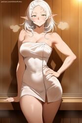 1girl ai_generated blush breasts closed_mouth collarbone elf green_eyes hand_on_hip hi_res high_quality high_resolution indoors large_breasts looking_at_viewer mushoku_tensei naked_towel parted_bangs patreon patreon_username pointy_ears seductive sexy smile solo steam sylphiette_(mushoku_tensei) towel uncensored watermark white_towel