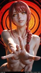 1girl ai_generated bangs braid breasts chainsaw_man detailed_face female female_only glowing_eyes hand_focus highres long_hair looking_at_viewer makima_(chainsaw_man) nipples nude reaching_out red_hair shiny_skin solo velairi_kim yellow_eyes