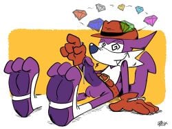 3_toes 4_fingers anthro balls barefoot belt big_penis bodily_fluids brown_clothing brown_hat brown_headwear clothing countershading cum dipodid dripping erection fang_the_weavile fangs feet fingers foot_focus footwear fur gem genital_fluids genitals glans gloves handwear hat headgear headwear hi_res humanoid_genitalia humanoid_penis jerboa lprox male mammal multicolored_body paws penis precum precum_drip purple_balls purple_body purple_fur purple_genitals purple_penis rodent signature simple_background sitting smile socks soles solo spiral spiral_eyes stirrup_legwear tail teeth toes toony white_clothing