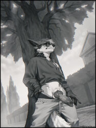 anthro bite biting_lip canid canine clothing eyewear fox glasses hi_res hoodie kounalix male mammal nervous nervous_look plant public public_erection public_exposure rocketfocks_(artist) solo topwear tree underwear