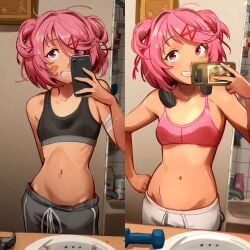 1girls absurdres bandaged_arm bandages bandaid bandaid_on_cheek bandaid_on_face bathroom bathtub beer_can blood bow bra breasts budweiser can clenched_teeth collarbone commentary doki_doki_literature_club drink_can english_commentary female female_only grey_pants grin hair_bow hair_ornament hair_ribbon hairclip hammer headphones headphones_around_neck highres holding holding_phone inward_v khyle. khyleri looking_at_viewer multiple_views natsuki_(doki_doki_literature_club) navel not_porn pants petite phone pink_bra pink_eyes pink_hair questionable questionable_consent red_bow ribbon selfie serenity_forge short_hair sink skinny small_breasts smile solo team_salvato teeth two_side_up underwear untitled_goose_game wholesome