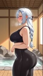 ai_generated ass athletic_female blush breasts bubble_butt crop_top curvy_figure genshin_impact gym_uniform hoyoverse huge_ass huge_breasts indoors leggings looking_at_viewer mature_female shenhe_(genshin_impact) side_view smell sports_bra sports_uniform thick_thighs wide_hips