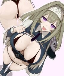 1girl absurdres anus anus_peek areola_slip armor ass black_bra black_panties black_thong blonde_hair boots bra breasts cleavage clothing_aside commentary_request cum cum_in_pussy cumdrip duel_monster exosister_irene female female_only hairband hand_up highres kintama-yu_(espkiriyama) large_breasts long_hair long_sleeves micro_bra navel nun open_clothes open_mouth panties panties_aside purple_eyes shoulder_armor simple_background solo standing sweat thong thong_aside underwear white_background wide_sleeves yu-gi-oh!